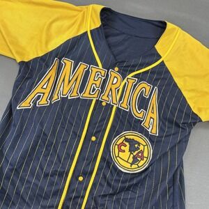 Club América baseball-style design  navy blue pinstripes & yellow sleeves Sz XL